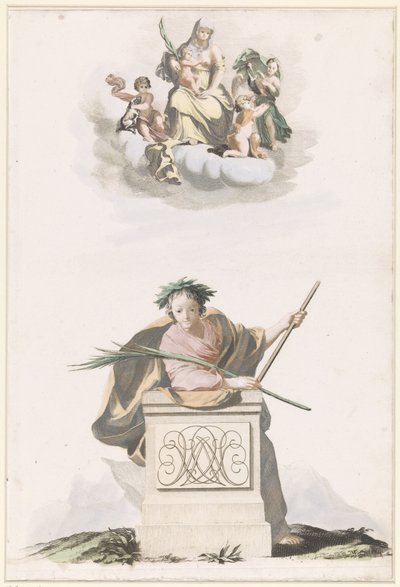 Figure Leaning on a Stone Pillar with Initials and Mary on the Clouds by Anonymous