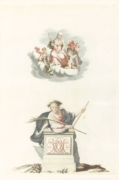 Figure Leaning on a Stone Pillar with Initials and Mary on the Clouds by Anonymous