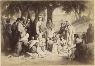 Photoreproduction of (presumably) a print of Jesus with children (Let the children come to me) by Anonymous