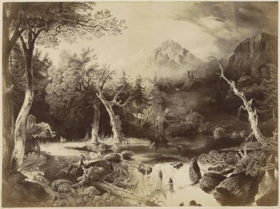 Photoreproduction of a print of a landscape with mountains, trees, and a woman by water by Anonymous