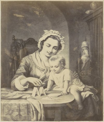Photoreproduction of (presumably) a print of a mother building a house of cards with her child by Anonymous