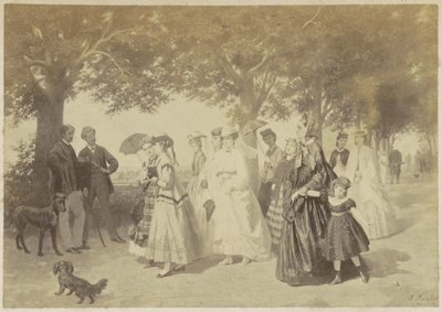 Photoreproduction of a painting of strolling women and men in a park by Anonymous