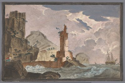 View of a harbor with the ruins of a tower on the waterfront by Anonymous