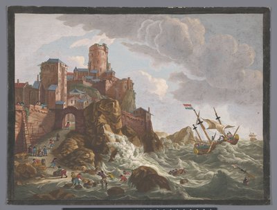 View of a Coast with Ships and Boats on the Cliffs in Norway by Anonymous