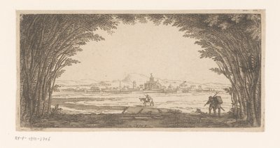 View of a City Seen from Under a Tree Arch by Anonymous