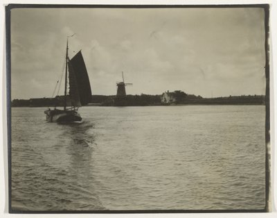 View Over a River or the Zuiderzee, with a Sailing Ship and a Mill, Netherlands by Anonymous