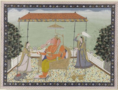 God Ganesa (Ganapati) with Elephant Trunk with His Two Attendants Siddhi and Buddhi Seated Under a Canopy by Anonymous