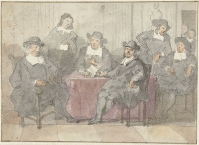 Group Portrait of Six Gentlemen Sitting and Standing Around a Table by Anonymous