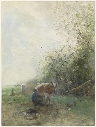Shepherd and Shepherdess Resting with Their Flock by Water by Anonymous