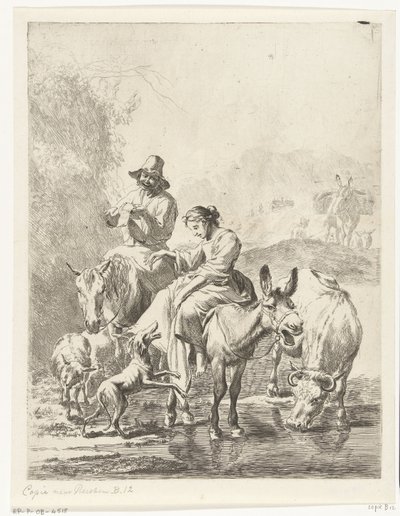 Shepherdess on Donkey and Shepherd on Horse Crossing a Stream by Anonymous