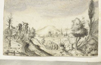 Hilly landscape with hunter and ruin by Anonymous
