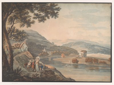 Hilly Landscape with River and Family with Horse on a Path by Anonymous