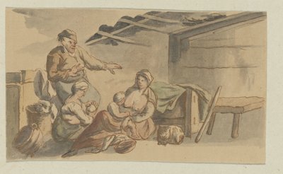 Interior with Two Nursing Women, Two Children, a Man and a Cat by Anonymous