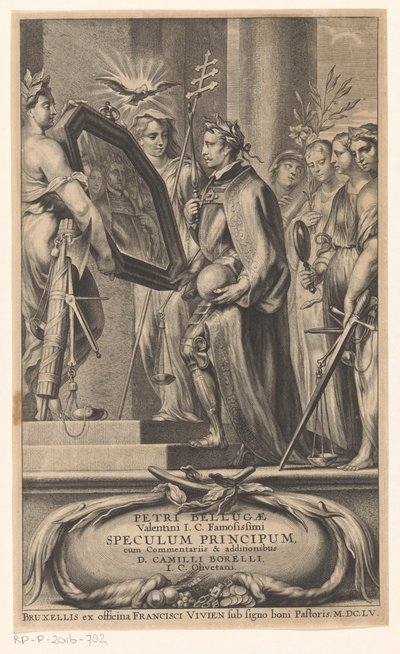 King Shown a Mirror by Justice and Faith (Title Page for: Petrus Belluga and Camillo Borello, Speculum principum, 1655) by Anonymous