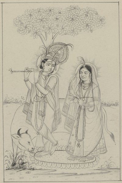 Krishna Playing a Flute with Radha by Anonymous