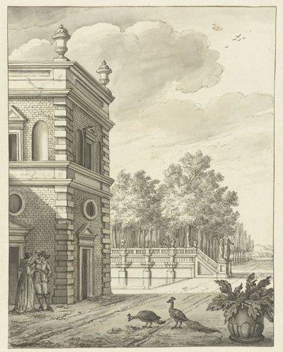 Country House with Pond and Two Peacocks by Anonymous