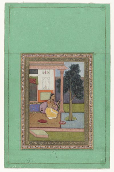 Malavashri Ragini, Kneeling Woman with Lotus Flower in Front of a House by Anonymous