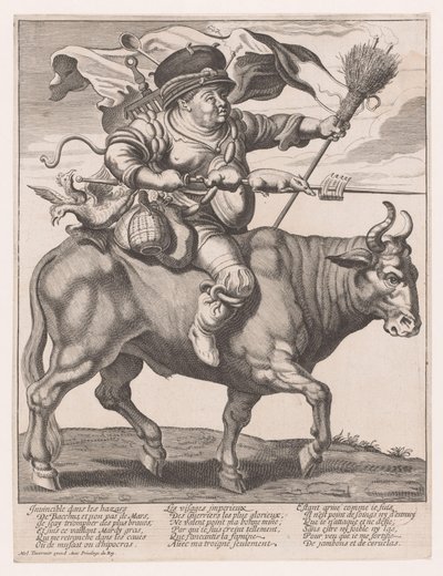 Man Overloaded with Household Goods Riding an Ox during Carnival by Anonymous
