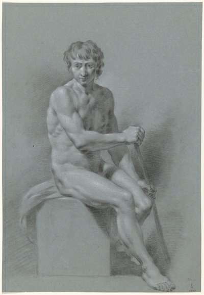 Male nude sitting on a block, a stick in both hands (rowing?) by Anonymous