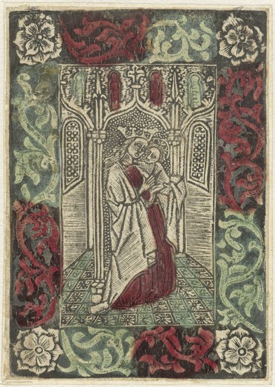 Mary with Child Standing Before Gothic Architecture in Rectangular Frame with Leaf Motif Decoration by Anonymous