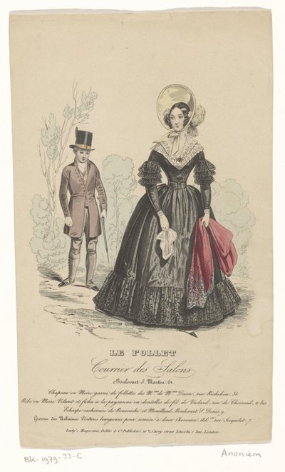 Fashion Print of a Lady in a Black Dress with a Double White Lace Collar, with a Gentleman in the Background Wearing a Top Hat and Trees by Anonymous