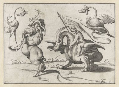 Monster with Trumpet and Crane-like Bird by Anonymous