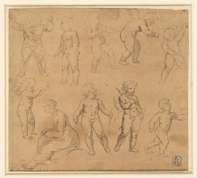Nine Studies of Putti and a Seated Woman Facing Left by Anonymous