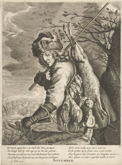 November: A Hunter with His Prey, November (title on object), The Twelve Months (series title) by Anonymous