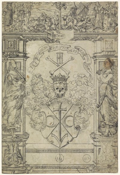 Design for a Stained Glass Window with a Coat of Arms, the Figures Faith and Hope, and Moses and the Bronze Serpent by Anonymous
