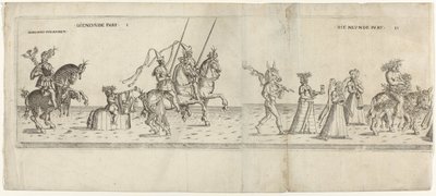Parade with Costumed Characters, Including Rider Bernhart von Ahren, a Donkey with a Spit, Janus, Bacchus on a Donkey, and Two Musicians by Anonymous