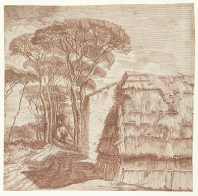 Pine Lane with Houses and a Turf Hut in the Foreground by Anonymous