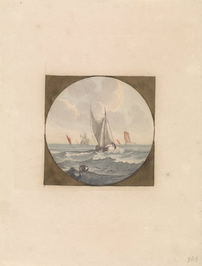 Flat-bottomed Boat with White Sails (series title: Ships at Sea, Series B) by Anonymous