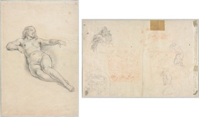 Reclining Female Nude (recto); Various Sketches of Figures and Plants (verso) by Anonymous