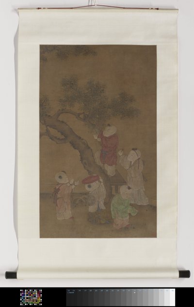 Handscroll with a Depiction of Five Boys Picking Persimmons by Anonymous