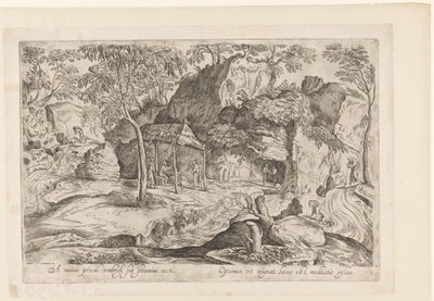 Rocky Landscape with Roof on Poles and Lion on the Right (Landscapes after Domenico Campagnola) by Anonymous
