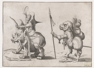 Rider on an Elephant-like Monster (Grotesque Figures Surrounded by a Frame Line) by Anonymous