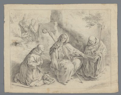 Scene from the Life of a Saint with Three Monks, a Bishop, and Two Men by Anonymous