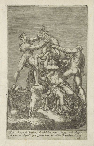 Sculpture of Dirce Being Tied to a Bull (Farnese Bull) (title on object: Dirces, à zeto et Amphione ob vindictam matris) (series title: Antique Sculptures in Rome) by Anonymous