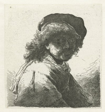 Self-portrait in a cap and scarf with the face dark: bust by Anonymous