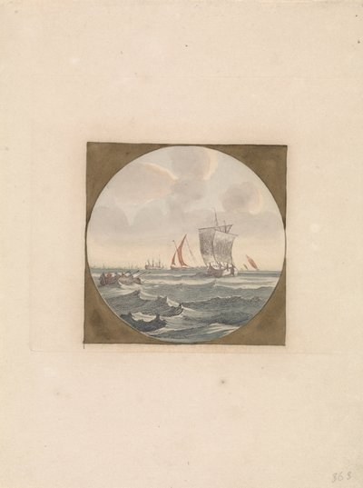 Rowboat and Sailing Ships at Sea (series title: Ships at Sea, Series B) by Anonymous