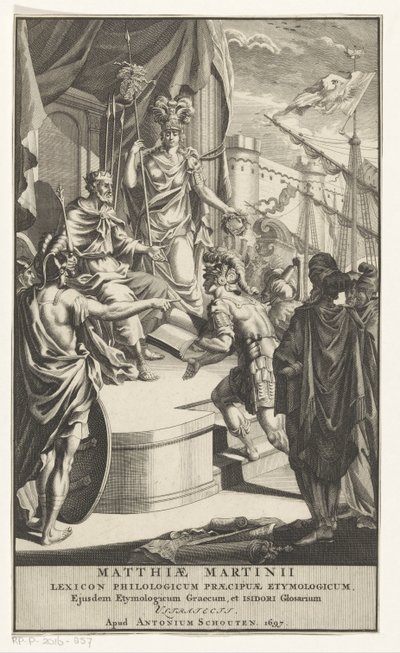 Soldier Presenting a Book to the King (Title Page for: Matthias Martinius, Lexicon philologicum praecipuae etymologicum, 1697) by Anonymous