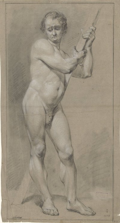 Standing Male Nude, Looking Down, Hands on a Wooden Beam by Anonymous