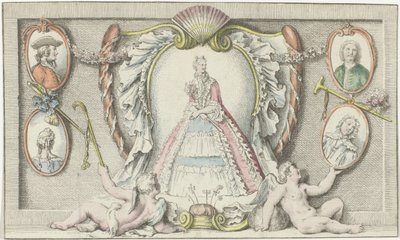 Standing woman, two putti, and four medallions by Anonymous