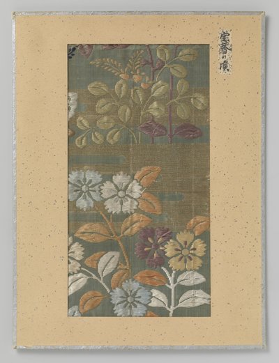 Textile Fragment, Embroidery of Flowers and Clouds in Kirikane Gold Thread by Anonymous