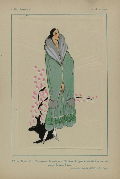 Très Parisien, 1923, No 8: 17.- NAIAD. - This Nile Green Satin Coat... by Anonymous