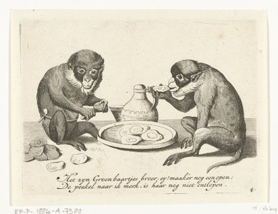 Two Monkeys Eating Oysters (Various Occupations from Human Life Represented by Monkeys) (What is it that one sees in this World? / It