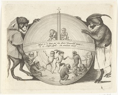 Two Monkeys Holding a Globe, Various Trades of Human Life Represented by Monkeys (series title), What is it that one sees in this World? It is Monkey Business, and nothing else (series title on object) by Anonymous