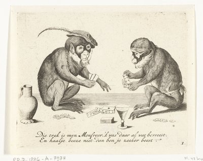 Two Monkeys Playing Cards by Anonymous