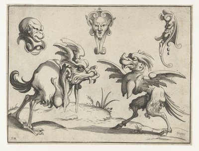 Two Monsters with Three Masks Above (Grotesque Figures) by Anonymous