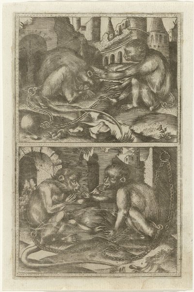 Two Scenes with Two Chained Monkeys Among Ruins by Anonymous